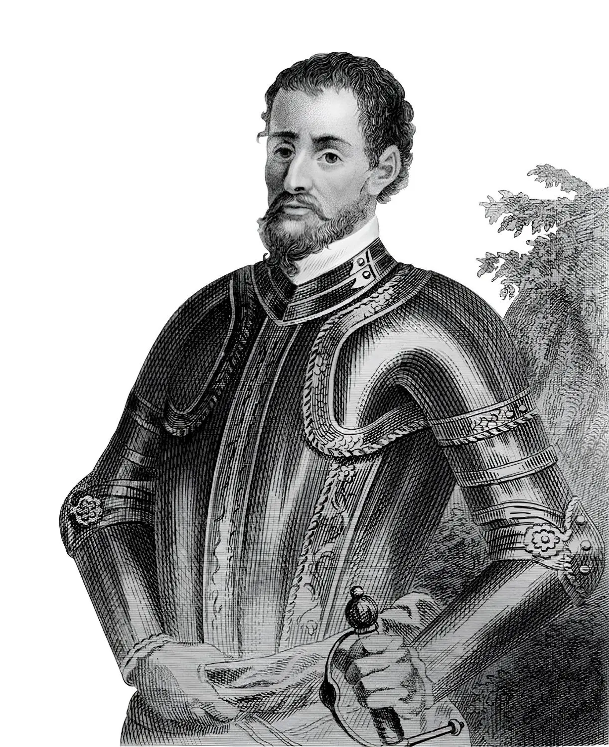 Gravure d'Álvar Núñez Cabeza de Vaca en armure, affublé de cornes